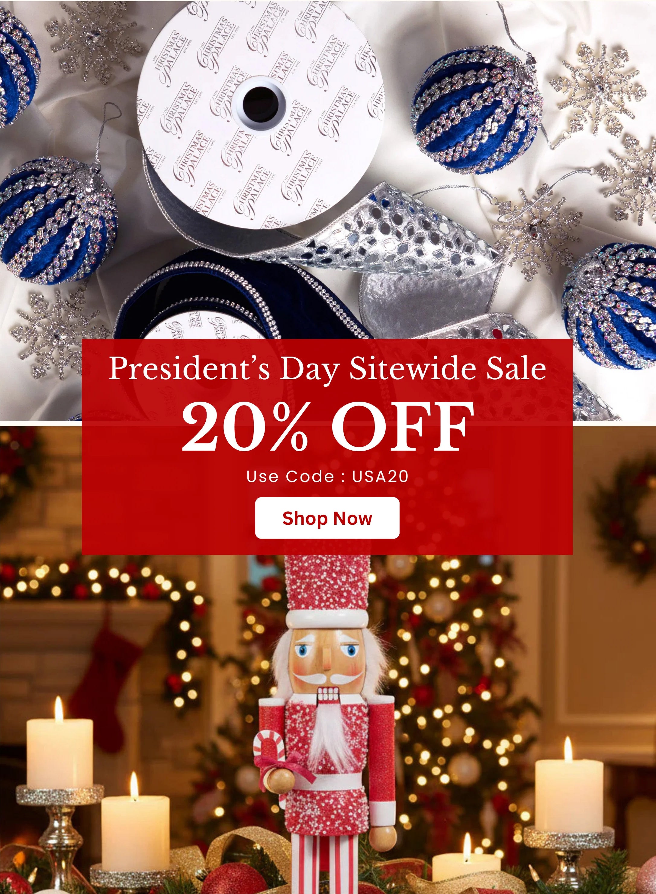 Promotional banner for a President's Day sale with Christmas decorations and a nutcracker figure.